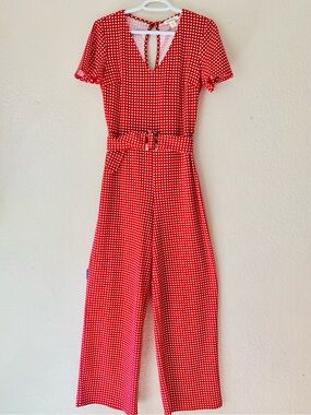 Monteau Gingham Red White Belted Flare Leg PicnicCore Jumpsuit Size S